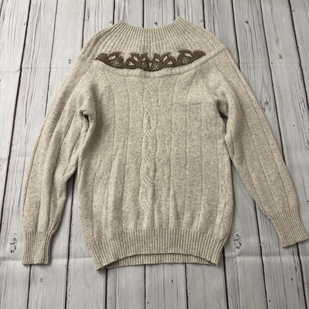 Baroni Made in Italy Wool Blend‎ Sweater Beige Cable Knit Embroidered Size Small